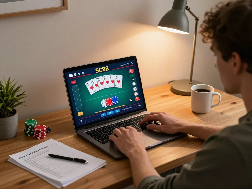 Engaging in SC88 online poker from home, player strategizing with laptop and notes.