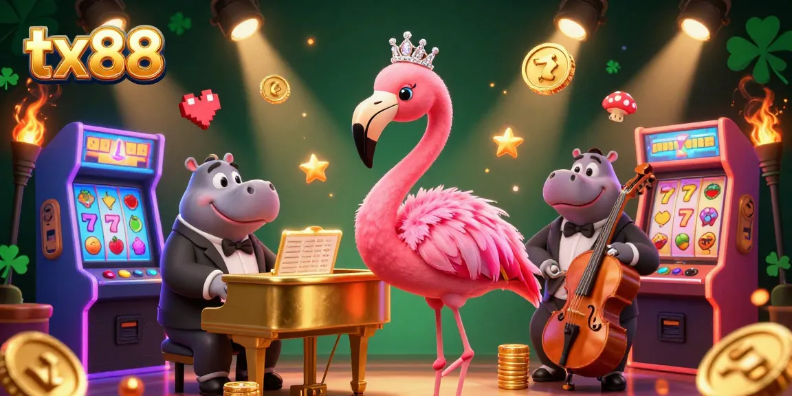 Engage with excitement at tx88's vibrant casino scene featuring a flamingo singer and hippo bassist.