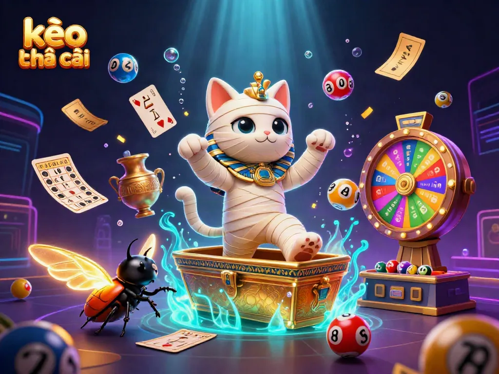 Experience the excitement of kèo nhà cái with an Egyptian mummy cat bursting from a golden sarcophagus, surrounded by lively casino elements.