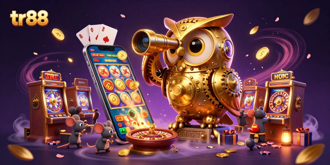 Experience the thrill of tr88 online gambling with a whimsical 3D illustration of an owl scanning a vibrant casino.