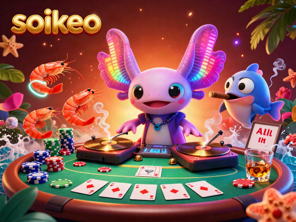 Engage in vibrant gambling fun with soikeo at a lively poker scene featuring neon fish and dynamic characters.