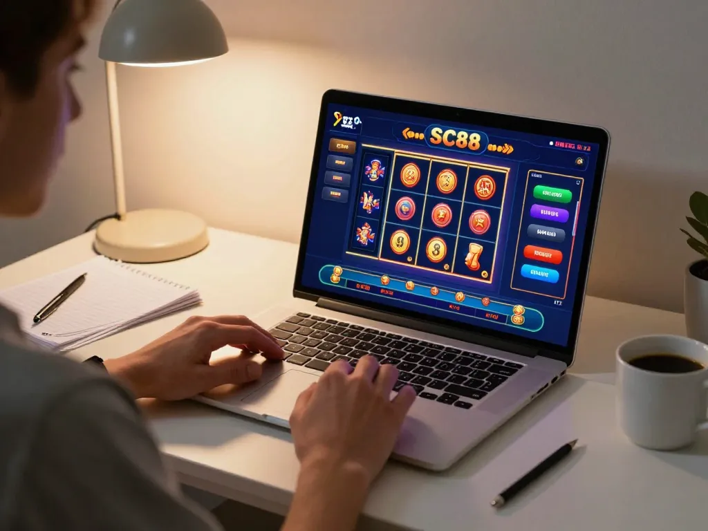 Engaging in SC88 online casino games on a stylish laptop in a cozy home environment