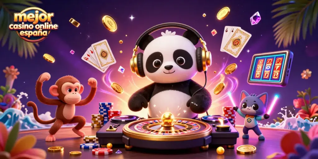 Disfruta del mejor casino online España con el DJ panda y personajes vibrantes en acción.