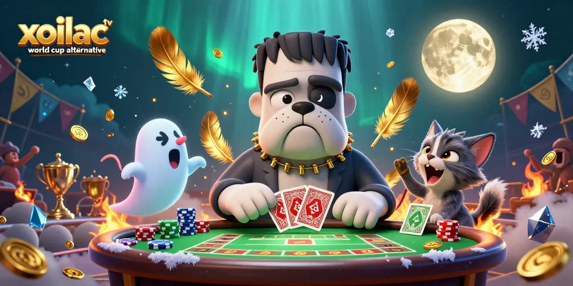 Xoilac TV World Cup alternative showcases a 3D cartoon bulldog dealer in a vibrant betting scene with tokens and cards.