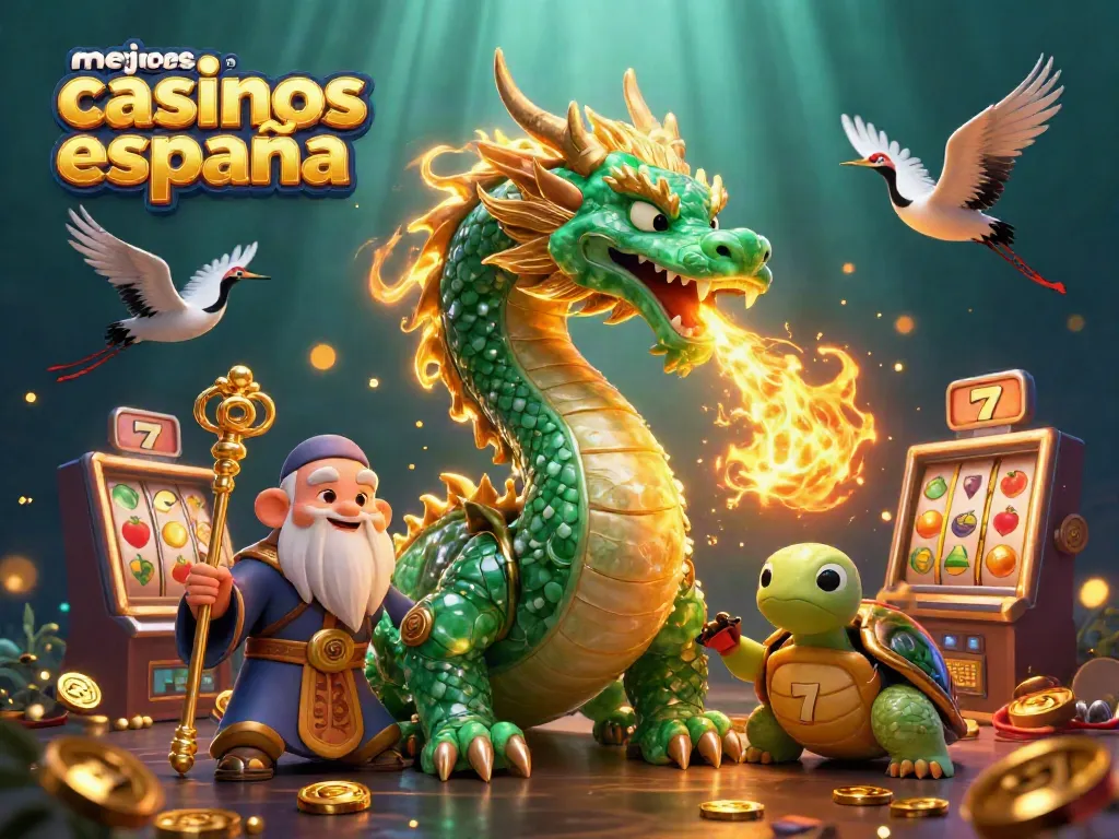 Ilustra los mejores casinos en España con dragón y símbolos de tragamonedas en acción