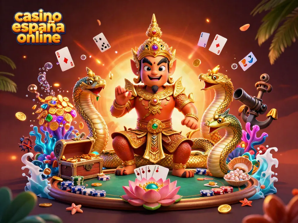 Juega en casino España online con un guardián del templo, fichas y tesoros flotantes.