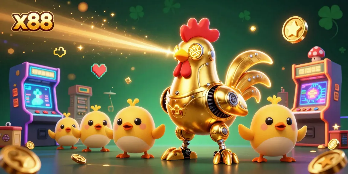 x88 offers interactive casino experiences with a futuristic golden rooster robot surrounded by arcade machines.