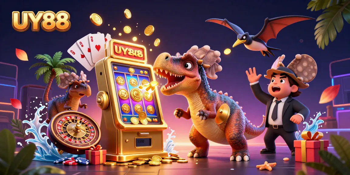 UY88 casino illustration with dinosaurs winning jackpots and coins flying around.