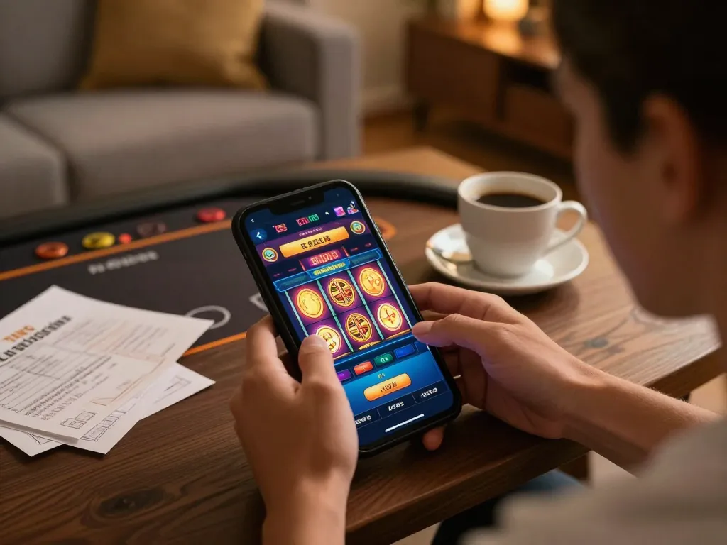 Engaged player experiencing 79king on smartphone while enjoying a cozy gaming atmosphere.