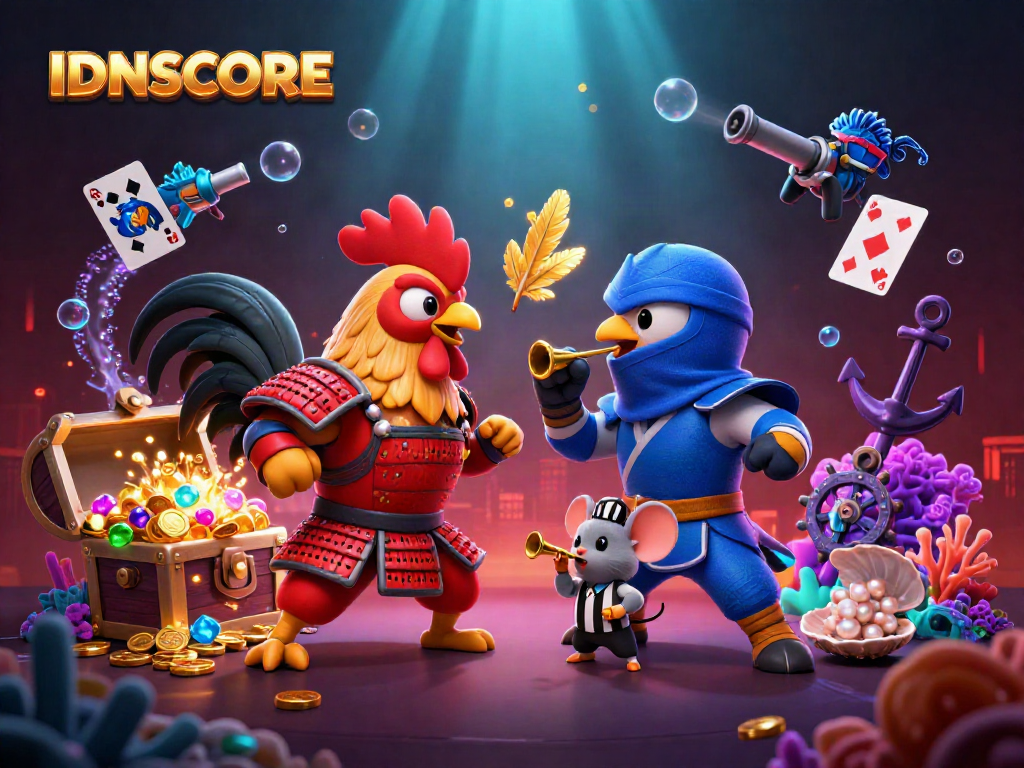IDNSCORE showcases a thrilling rooster showdown with dynamic casino elements in a vibrant underwater setting