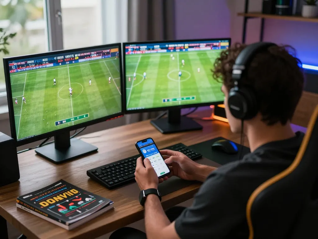 CAKHIATV user actively placing bets while enjoying live soccer matches on multiple screens.