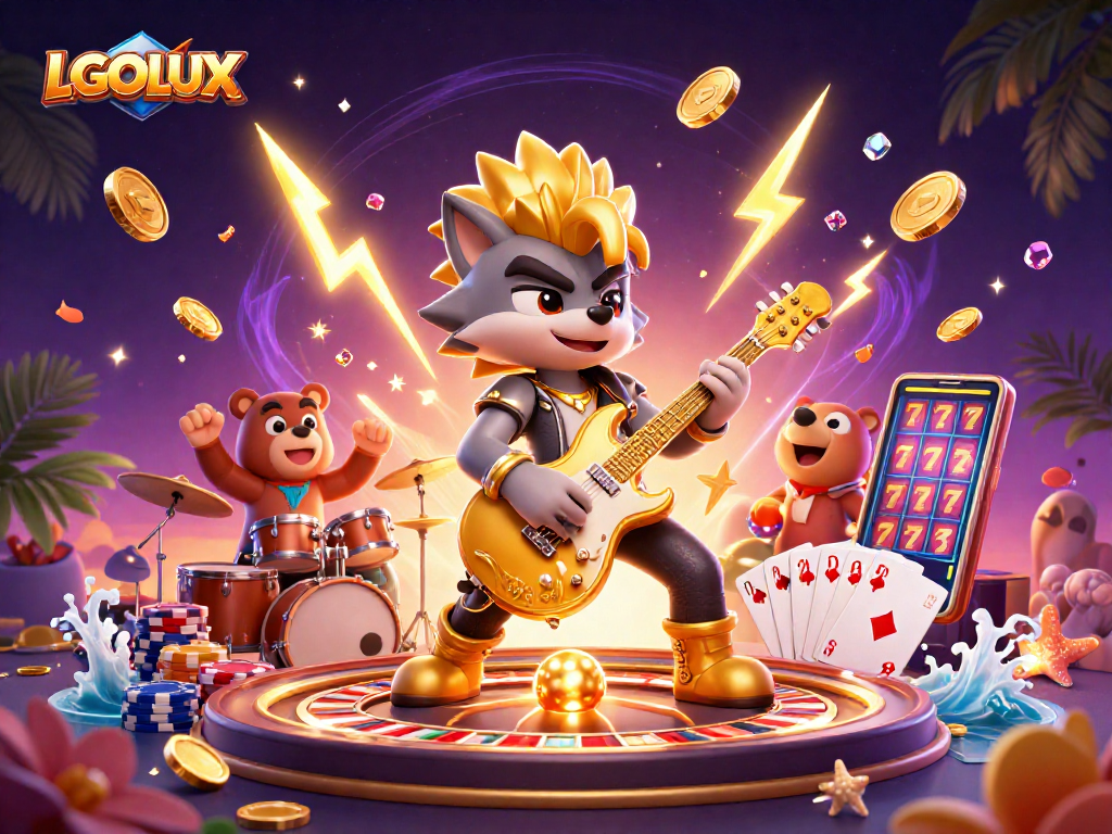 Engage in thrilling gaming experiences at LGOLUX with the vibrant casino stage and dynamic characters.