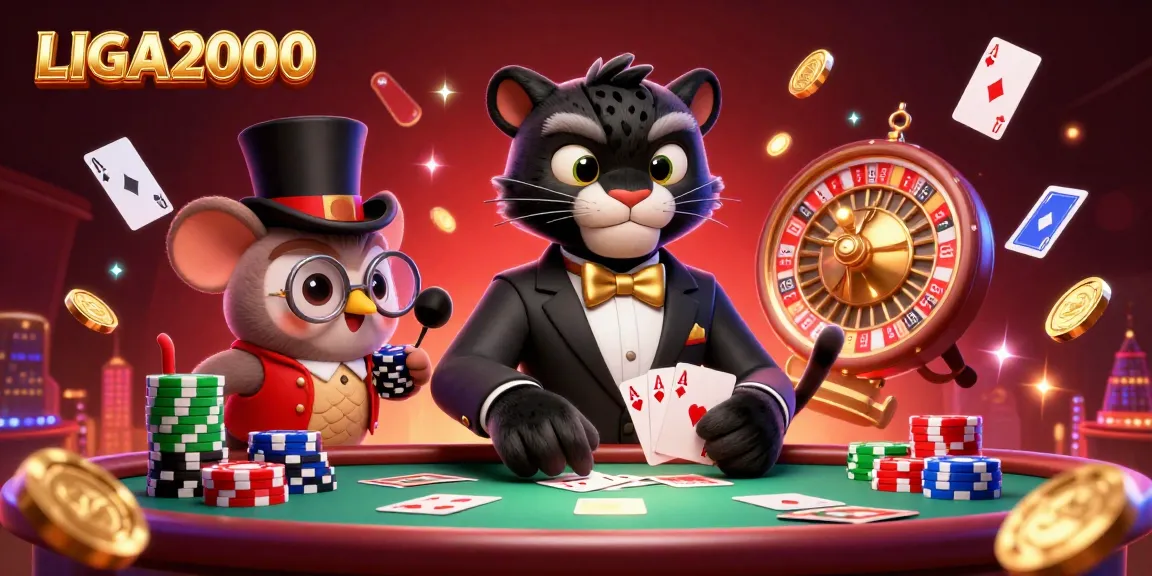 LIGA2000 menampilkan dealer panther yang stylish di kasino yang meriah, dikelilingi oleh elemen poker dan cahaya yang mengagumkan.