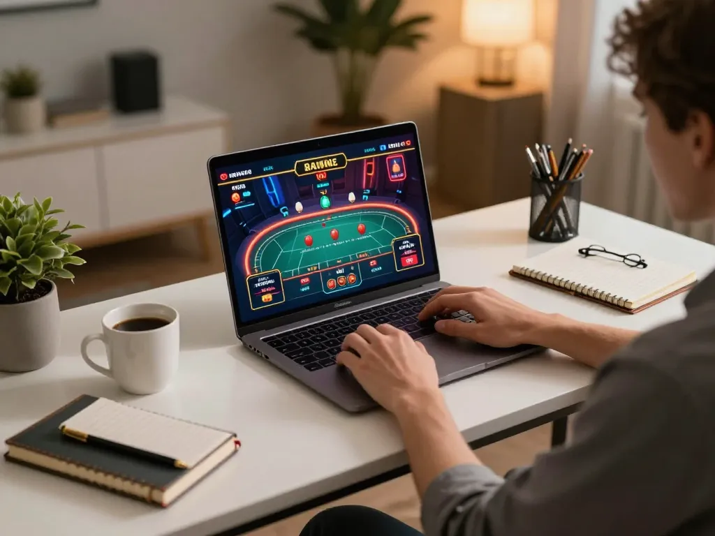 Engaging online casino gameplay at home with lc88pro on a stylish laptop.