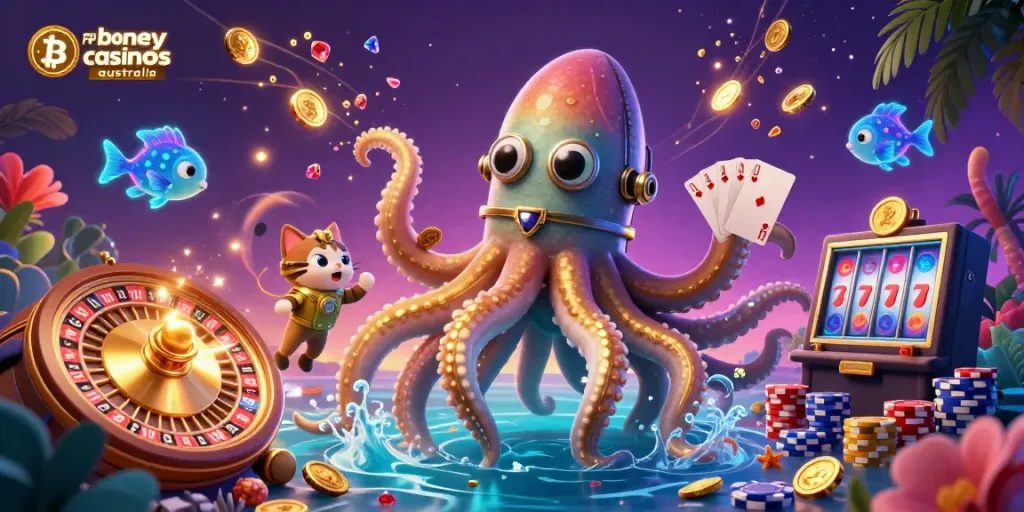 Experience the thrill of real money bitcoin casinos australia with vibrant kraken and diving cat illustration.