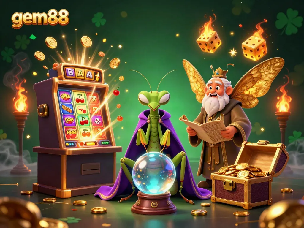 Experience gem88's magical gaming world with a vibrant slot machine and fortune teller illustration.