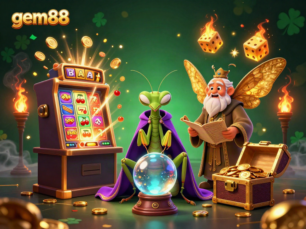 Experience gem88's magical gaming world with a vibrant slot machine and fortune teller illustration.