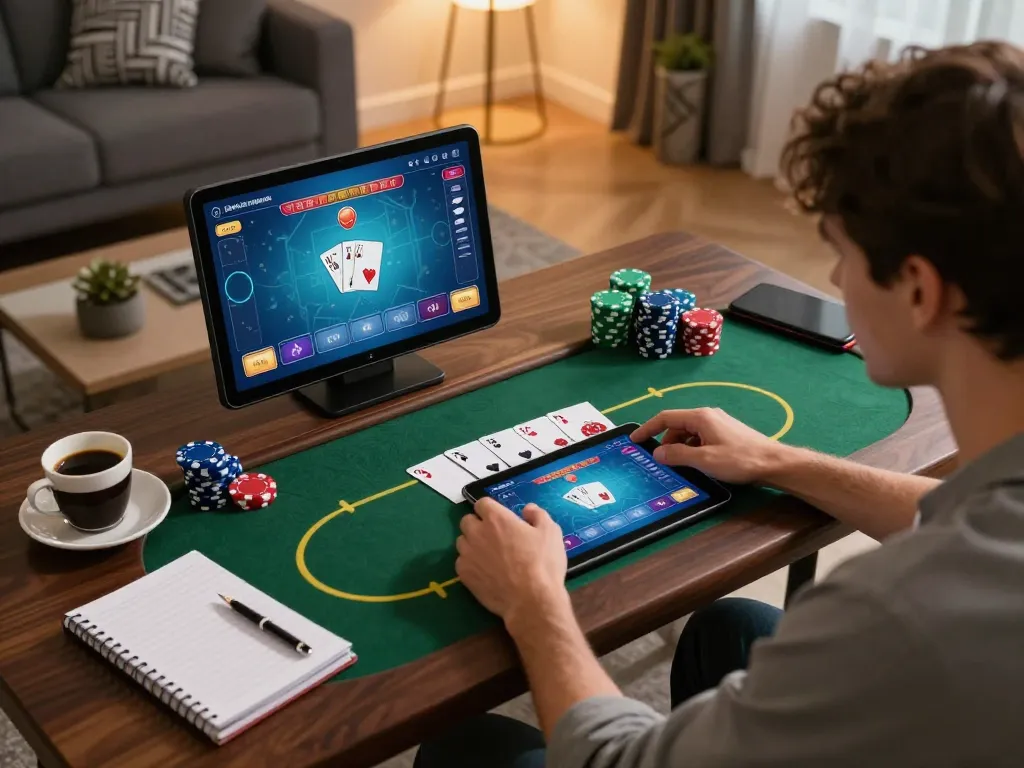 Player strategizing on online casino interface at 79kingvnc in stylish home setting.
