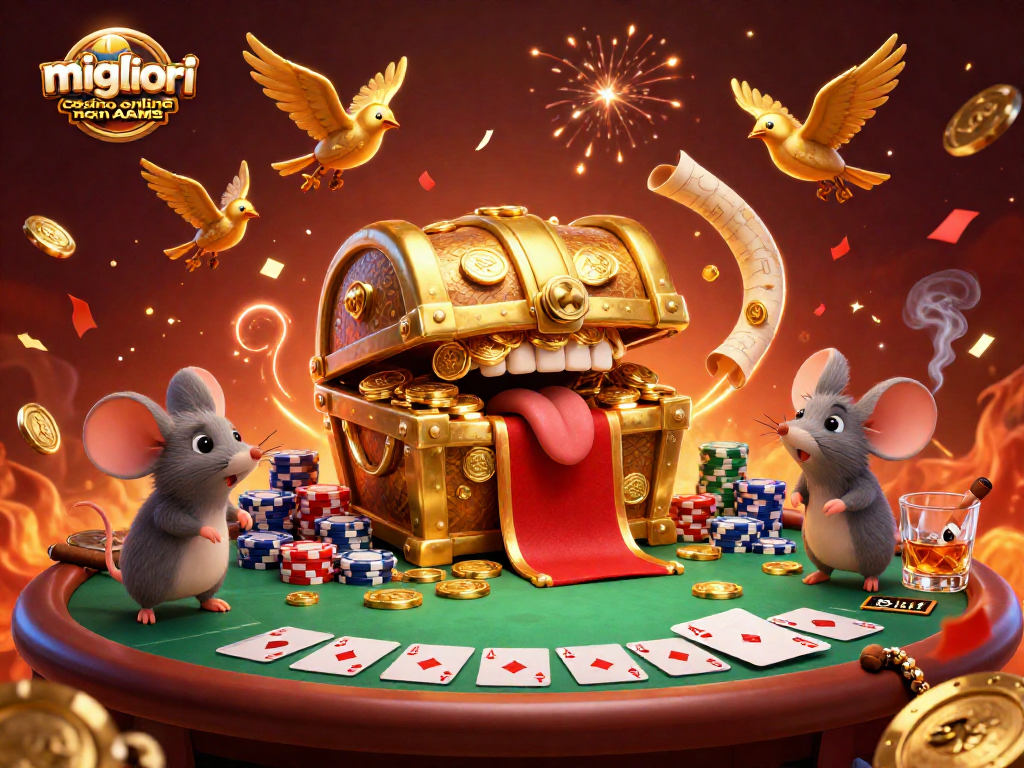 Immagine di un'illustrazione 3D che mostra i migliori casino online non AAMS con un forziere d'oro attirando topi avventurieri.