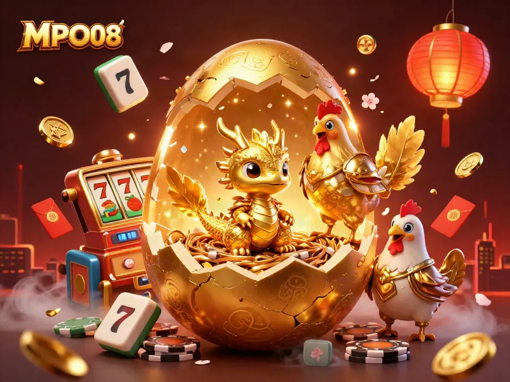 Experience the excitement of MPO08 with a dazzling illustration of a golden dragon amidst vibrant casino elements.