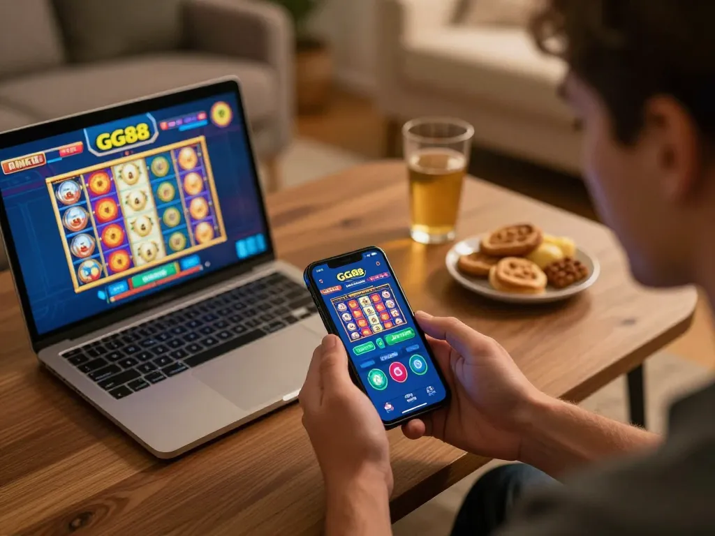 Engaging with the GG88 casino app for strategic play in a cozy home setting.