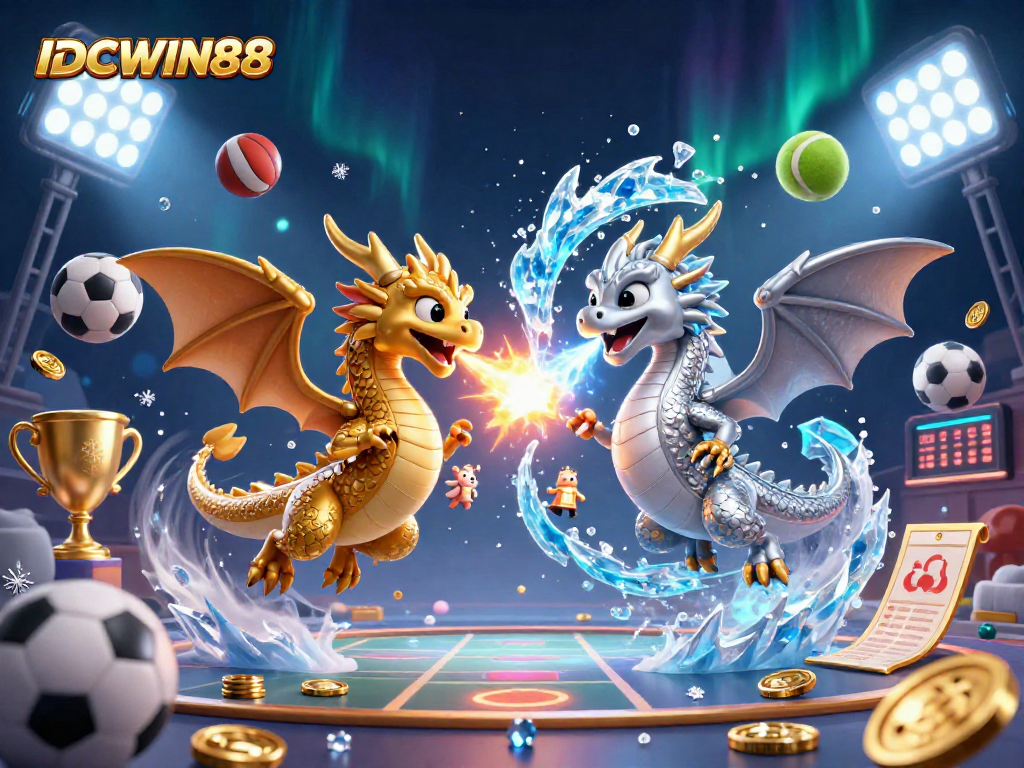 Engage with IDCWIN88 sports betting in a dynamic 3D scene with animated dragons and vibrant betting elements.