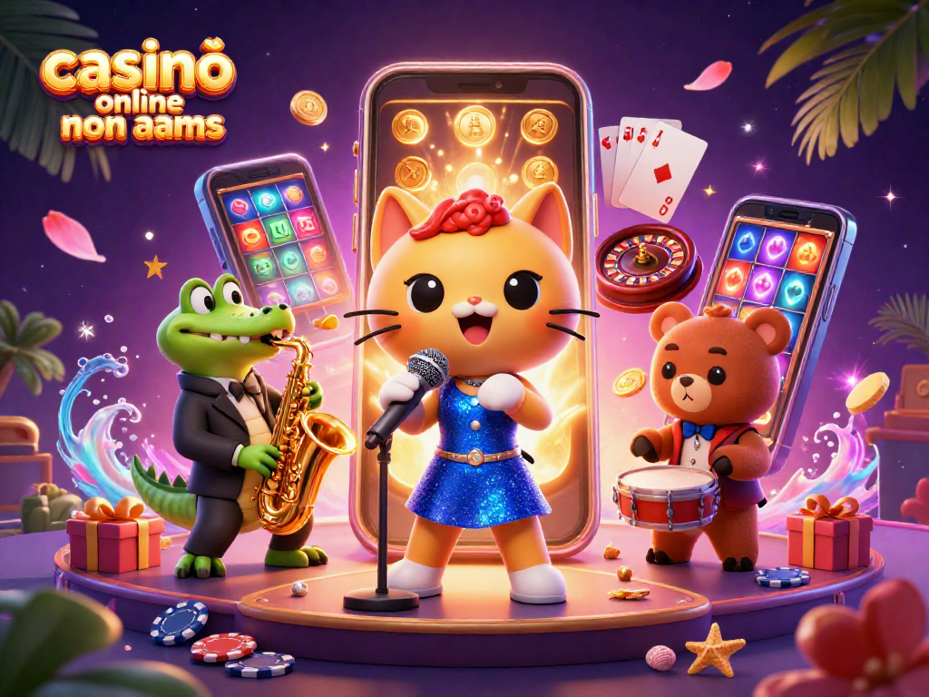 Scopri i casinò online non AAMS con un'immagine vivace di un felino cantante e giochi d'azzardo intriganti.