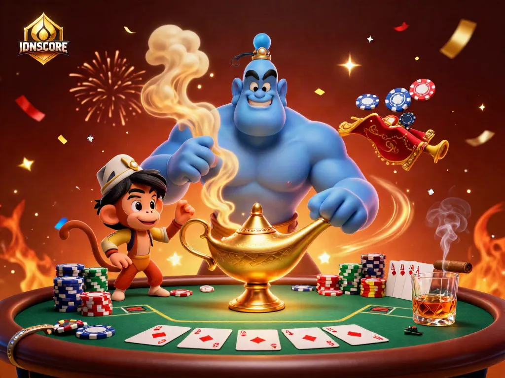 IDNSCORE showcases a vibrant scene with a blue genie and poker elements, enhancing online gambling excitement.