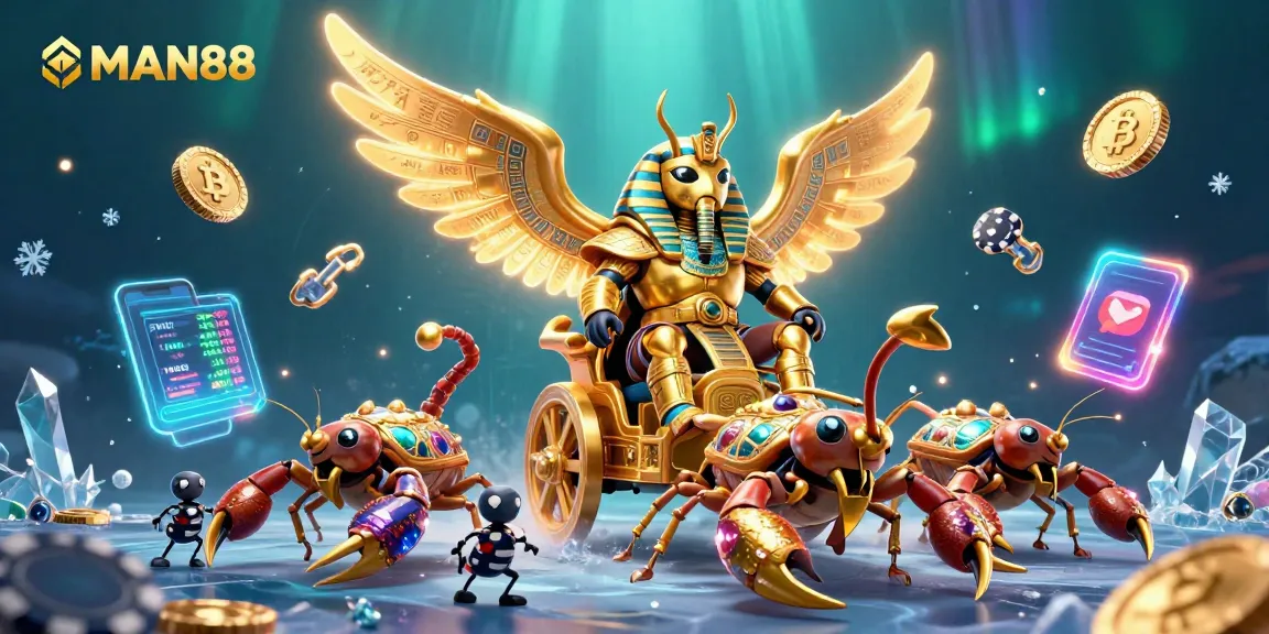 Engage with MAN88's thrilling gaming experience featuring colorful 3D elements and crypto dynamics.