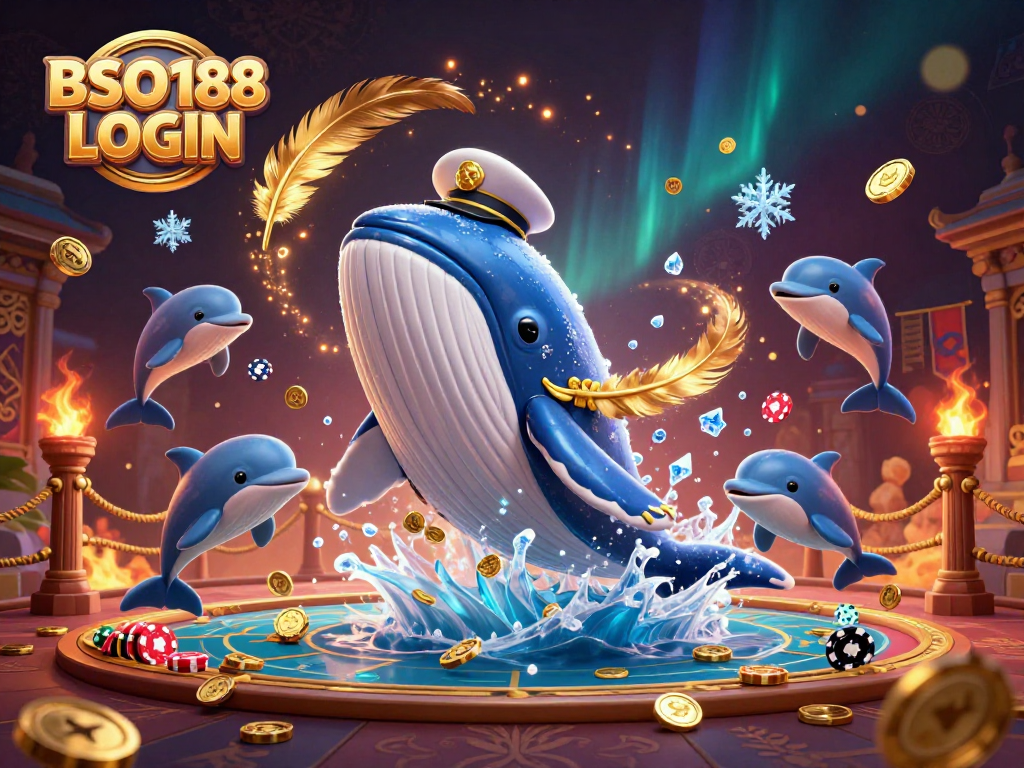 Experience BSO188 LOGIN with a vibrant depiction of playful dolphins and a 3D whale amidst swirling casino elements.