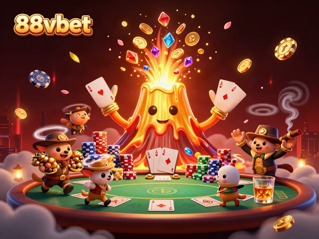 Win big at 88vbet with a dynamic scene of a golden volcano erupting coins and treasures, illustrating excitement and opportunity.