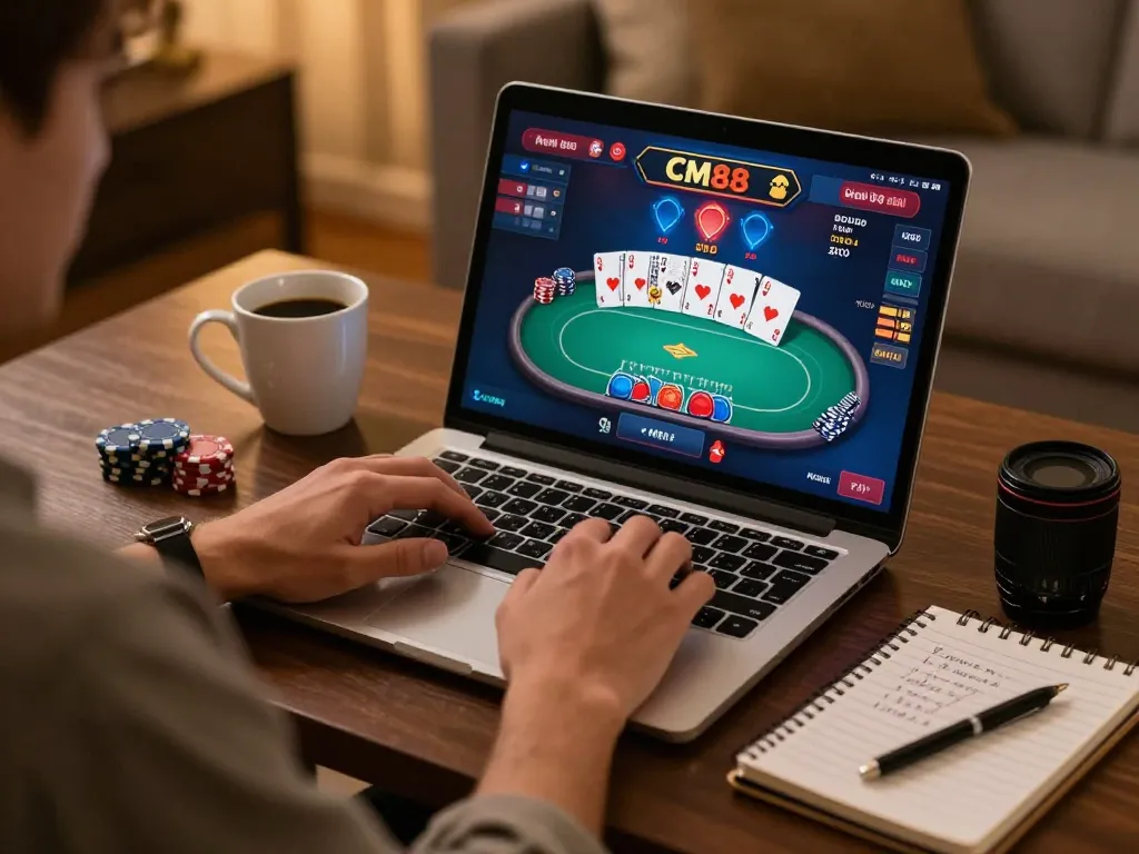 Engaging scene of đăng nhập CM88 as a player enjoys online poker from home, showcasing strategy notes and warm ambiance.