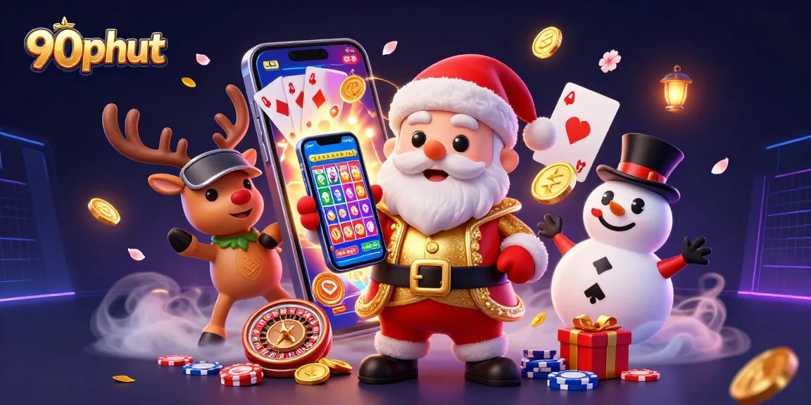 90phut showcases a festive scene with Santa and friends celebrating casino games with vibrant slot machines.