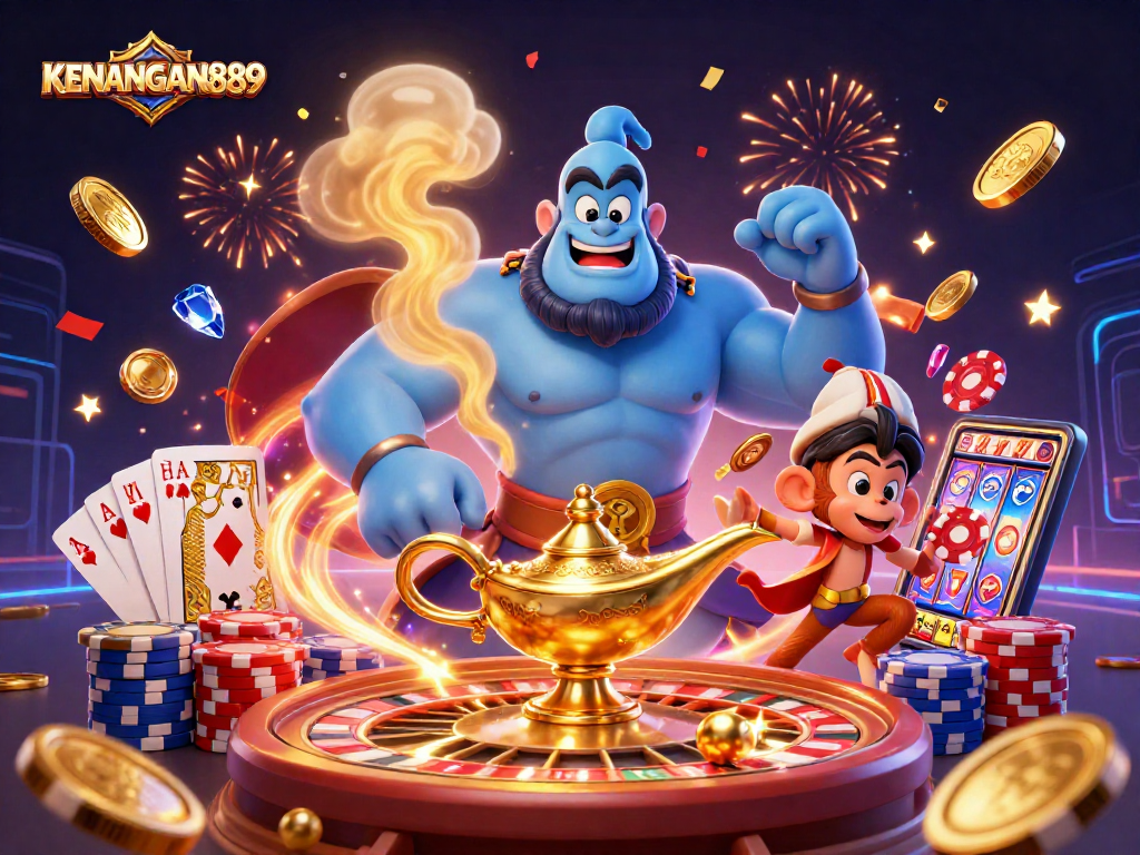 Win big with KENANGAN889 in a vibrant 3D casino scene filled with magic and excitement.