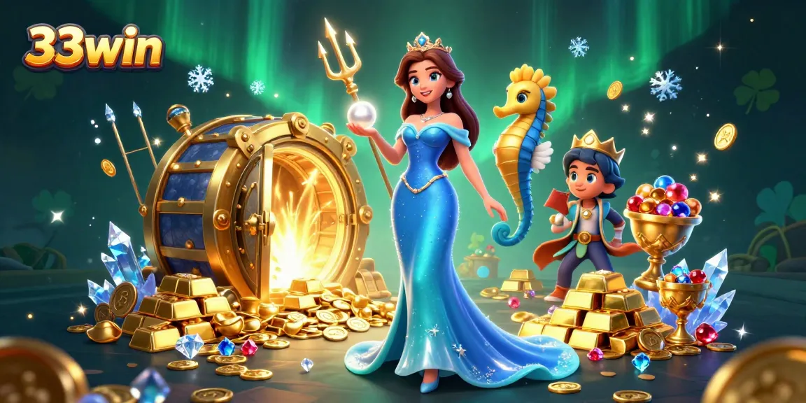 Experience the excitement of 33win with dazzling treasures and gambling-themed elements.