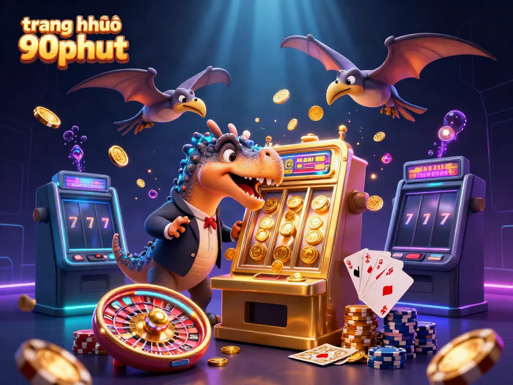 Dynamic scene of 90phut casino with characters engaging in jackpot action.