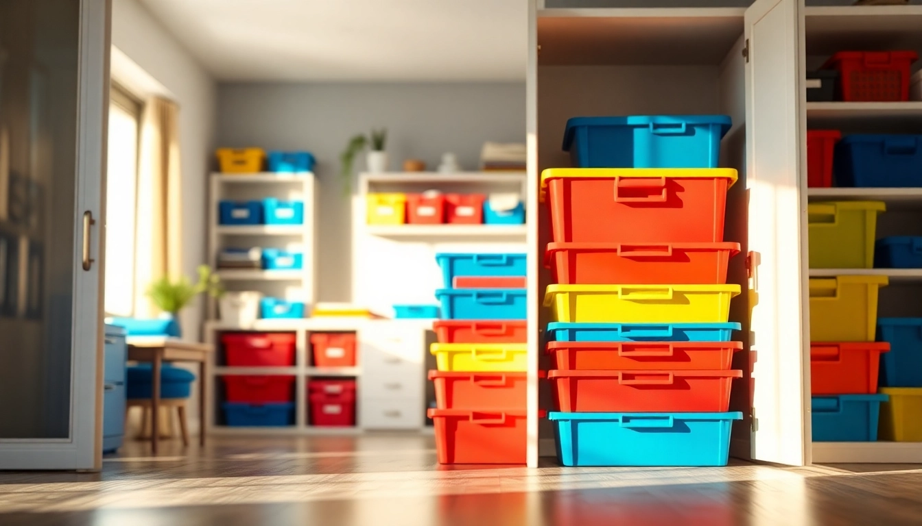 Organized storage box assortment showcasing vibrant colors in a clean room.