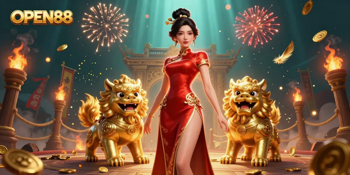 Experience the excitement of OPEN88 with a glamorous scene featuring dynamic gambling elements and a striking character array.