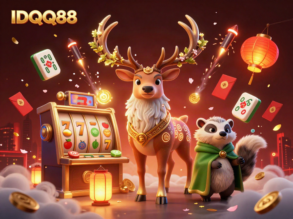 Experience slots and magic with IDQQ88 featuring a druid stag, badger, and vibrant casino symbols.