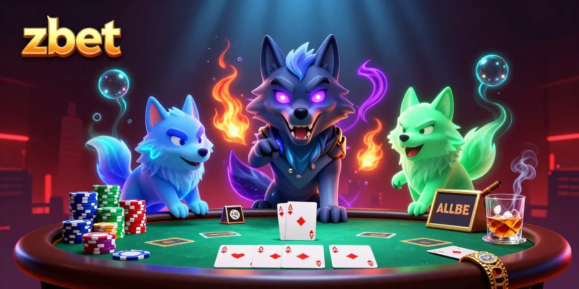 Play poker with zbet's vivid 3D wolf characters amidst chips, cards, and excitement.