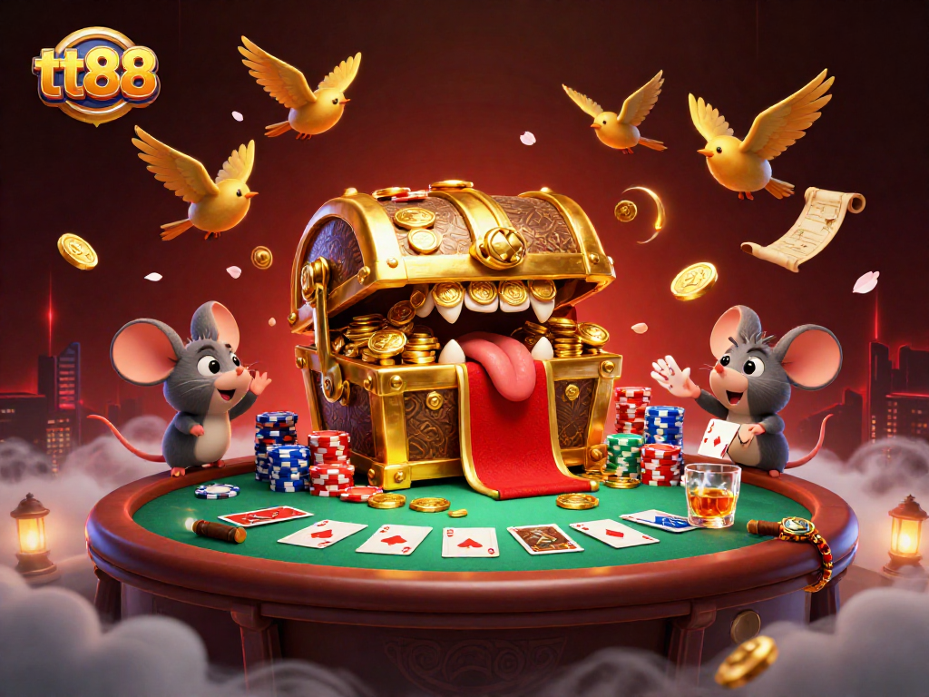 tt88 showcases a 3D treasure chest allure amid poker excitement, promising winnings and adventures.