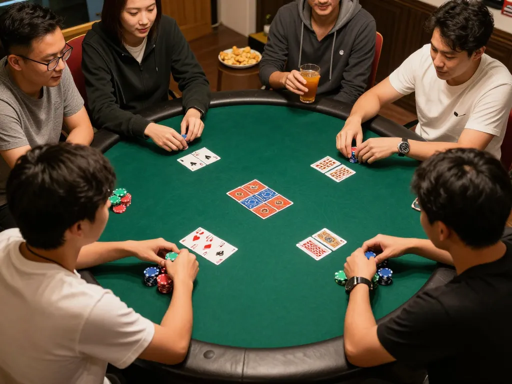 Players experiencing game bai doi thuong at home poker night with colorful chips and cards.