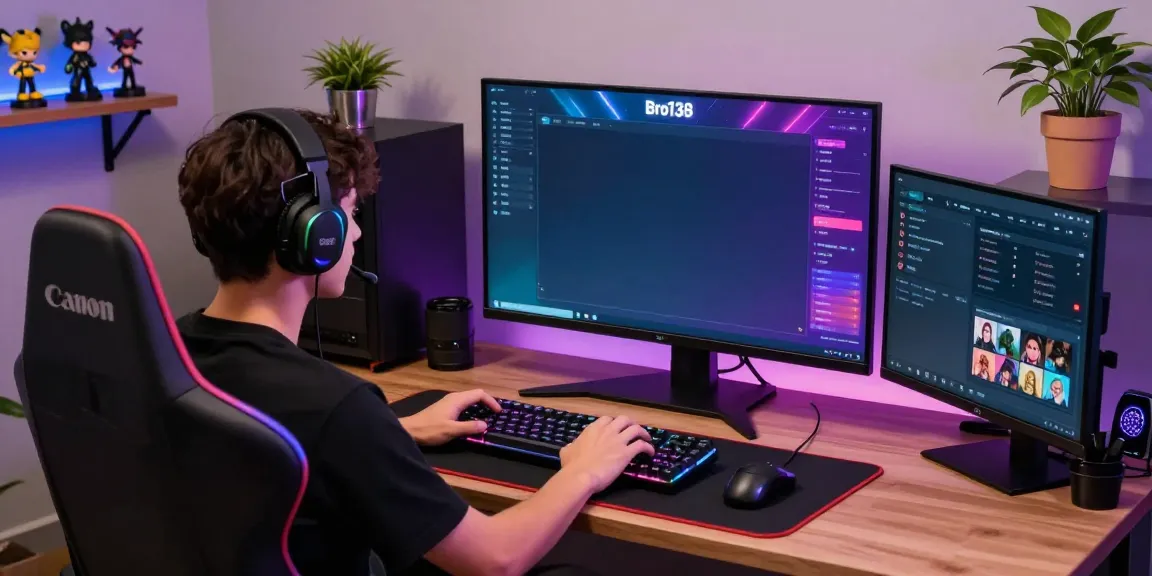 Gamer focused on the Bro138 link game interface in a vibrant setup