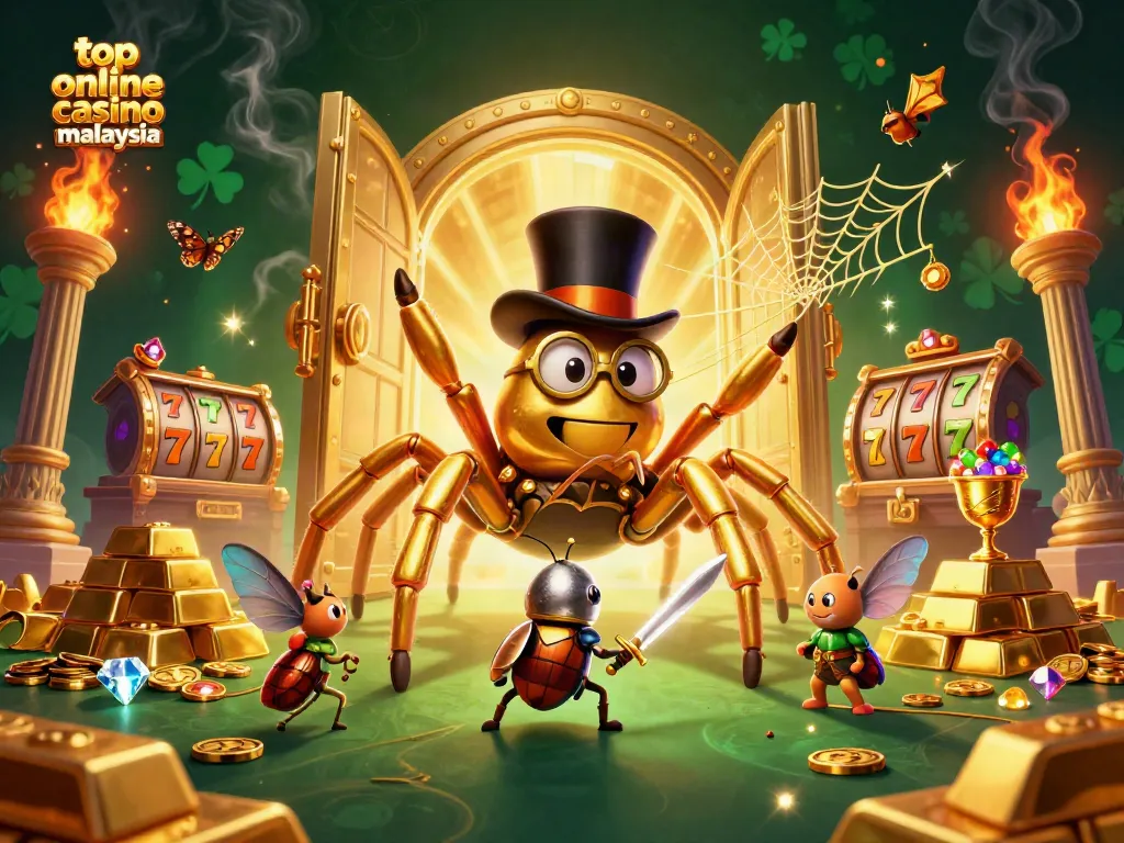 Unleash your luck at the top online casino malaysia with a vibrant 3D casino scene showcasing a golden tarantula and beetle knight.