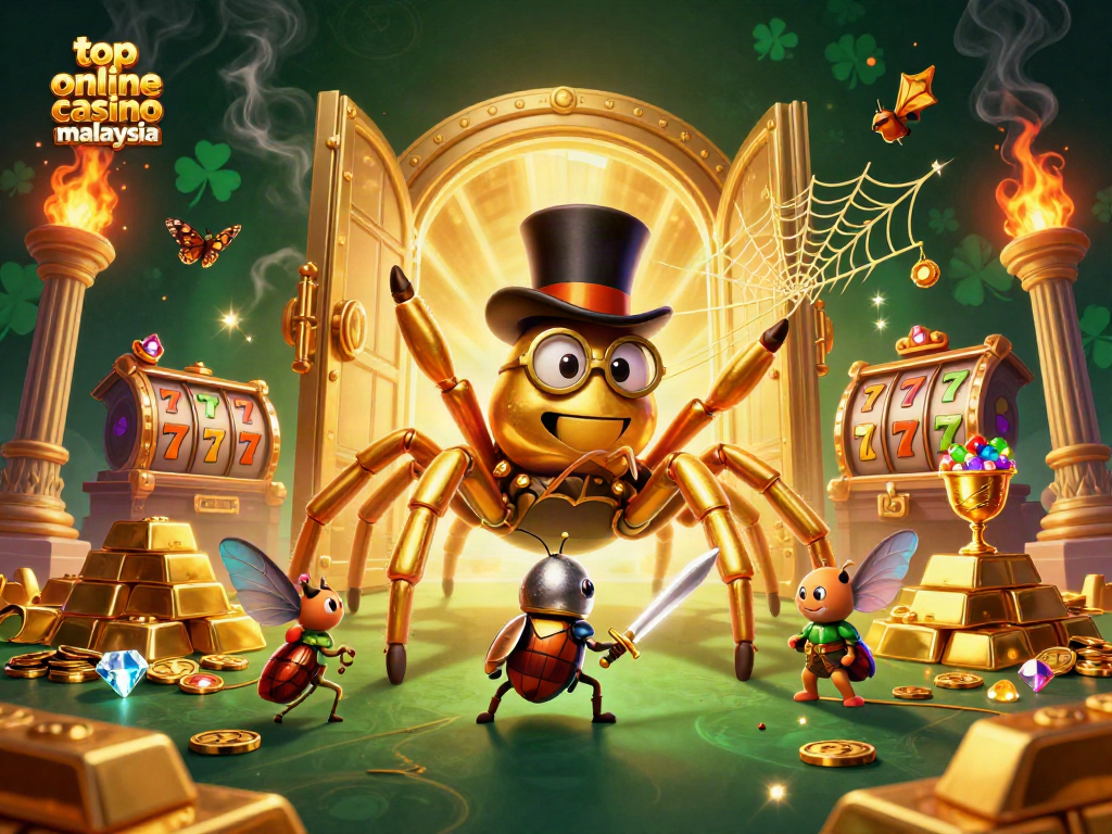 Unleash your luck at the top online casino malaysia with a vibrant 3D casino scene showcasing a golden tarantula and beetle knight.