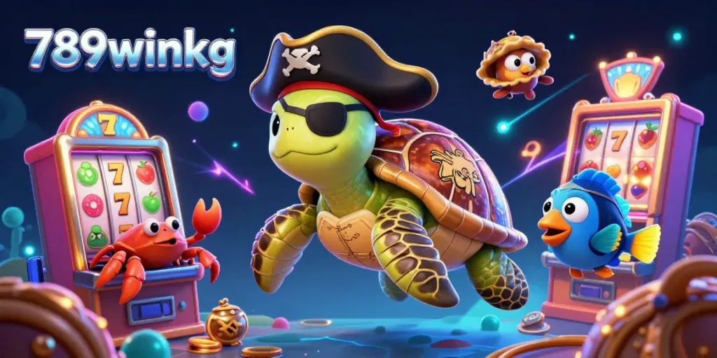 Vibrant, ultra-detailed 3D scene by 789winkg showcasing a pirate turtle and treasure above slot machines.