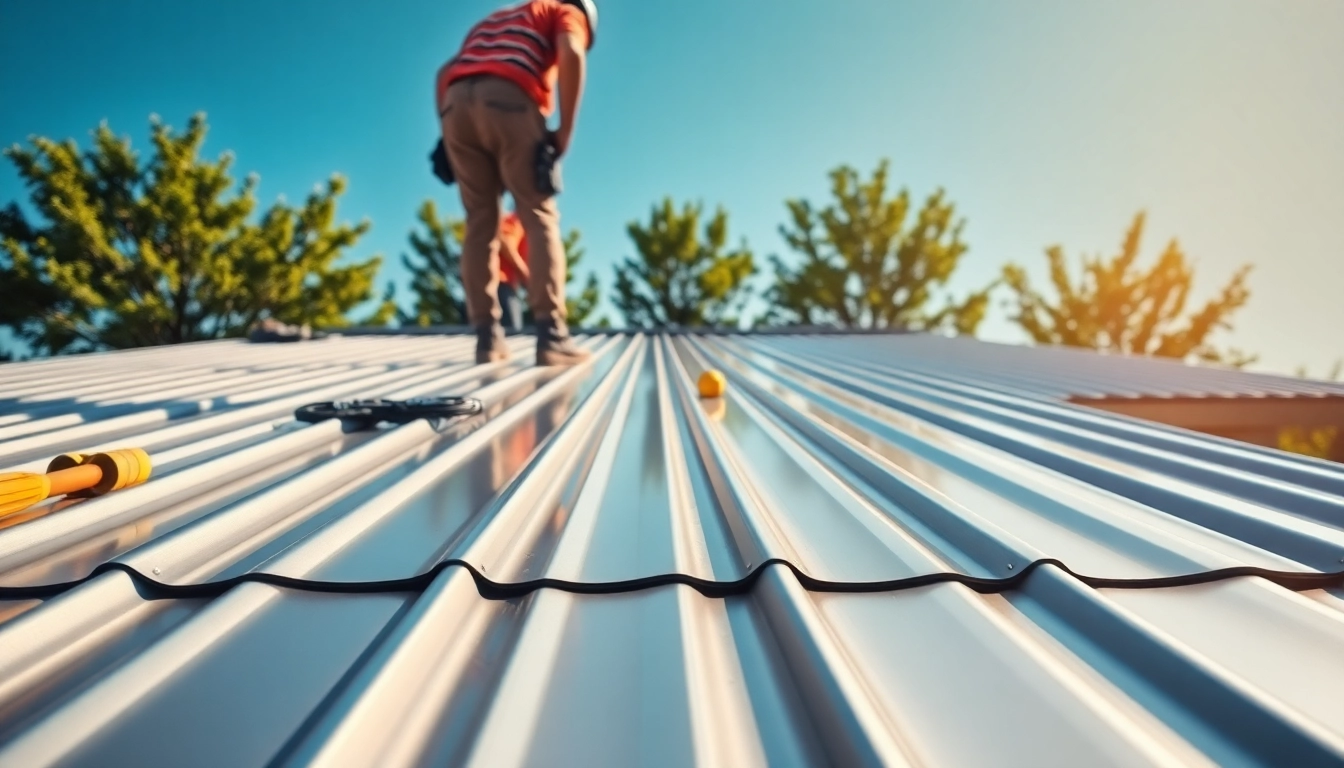 Metal roofing installation process showing professionals at work expertly fixing panels.