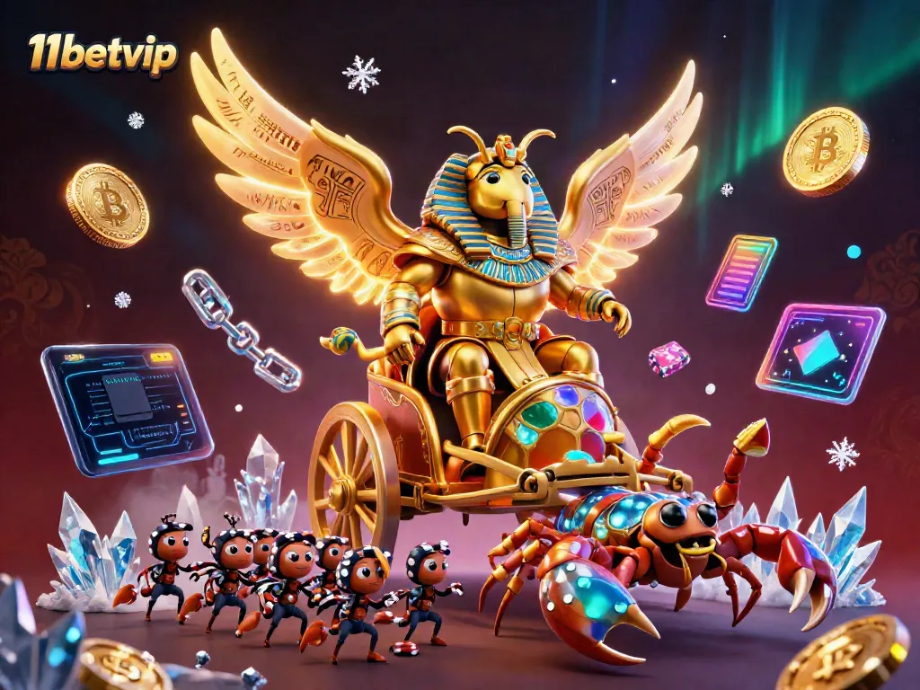 Engage with 11betvip's immersive casino experience featuring a scarab beetle and rich gambling scenes.