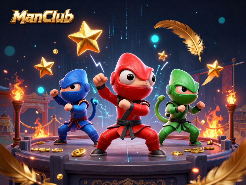 ManClub showcases a ninja chameleon team engaging in exciting martial arts amidst a vibrant casino-themed backdrop.