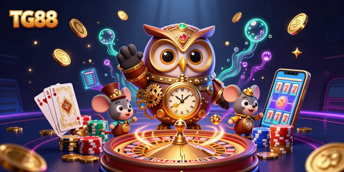 Engage with TG88 in a vibrant online casino scene featuring an owl and mouse amidst soaring coins and cards.